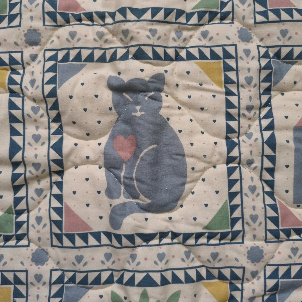 Vintage 80s Baby Quilt Wall Hanging Pastel Animal Cat Whale Duck Floral Folk Art